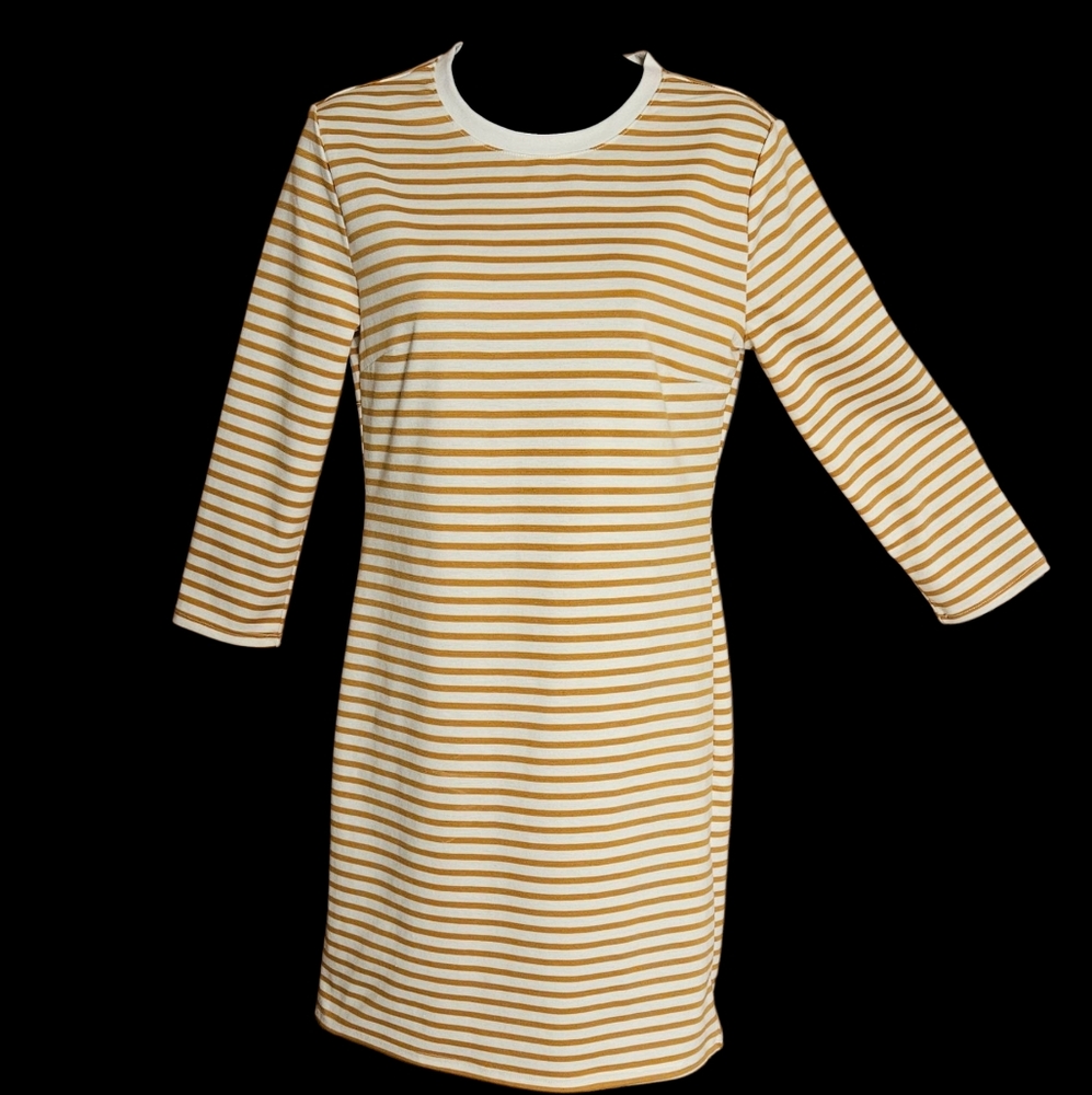 Forever 21 Beige and White Striped Long Sleeve Dress